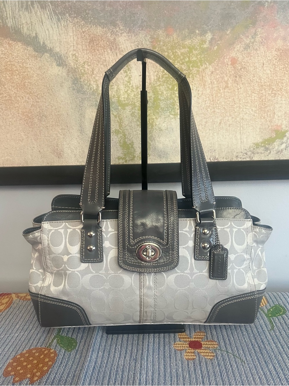 COACH 2009 Hamptons Signature Carryall Gray Silver Canvas Leather Bag